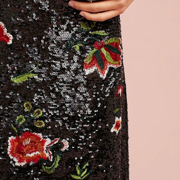 Anthropologie Skirt 2 Black Sequin A-Line Floral Sparkly Cocktail Knee Length - Picture 5 of 6